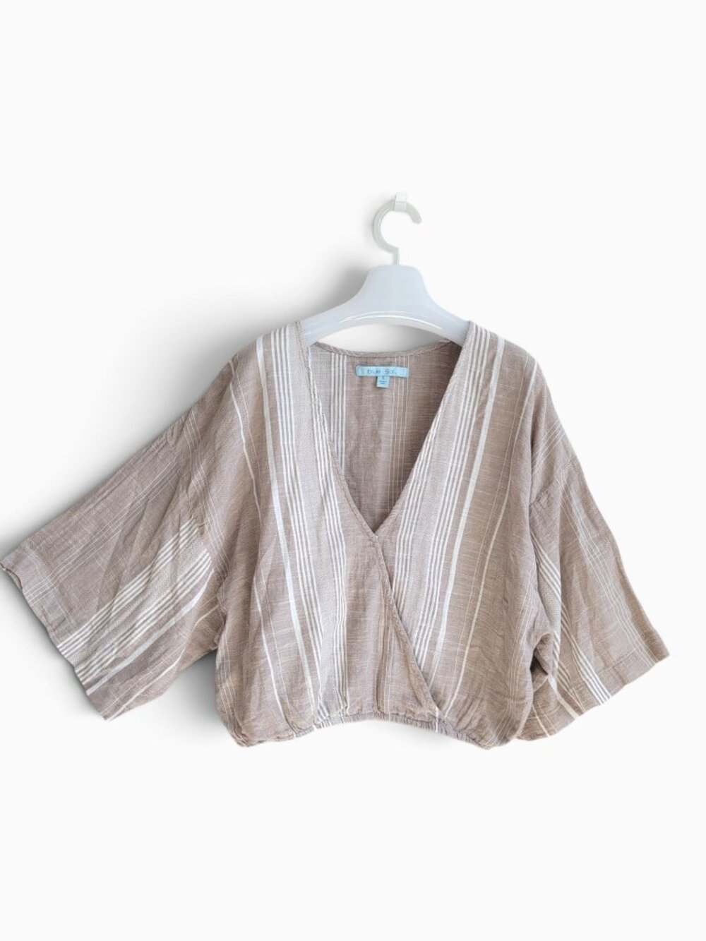 Blue Sol S Oversized Cotton Wrap Top Taupe Stripe Kimono Dolman Coastal Boho